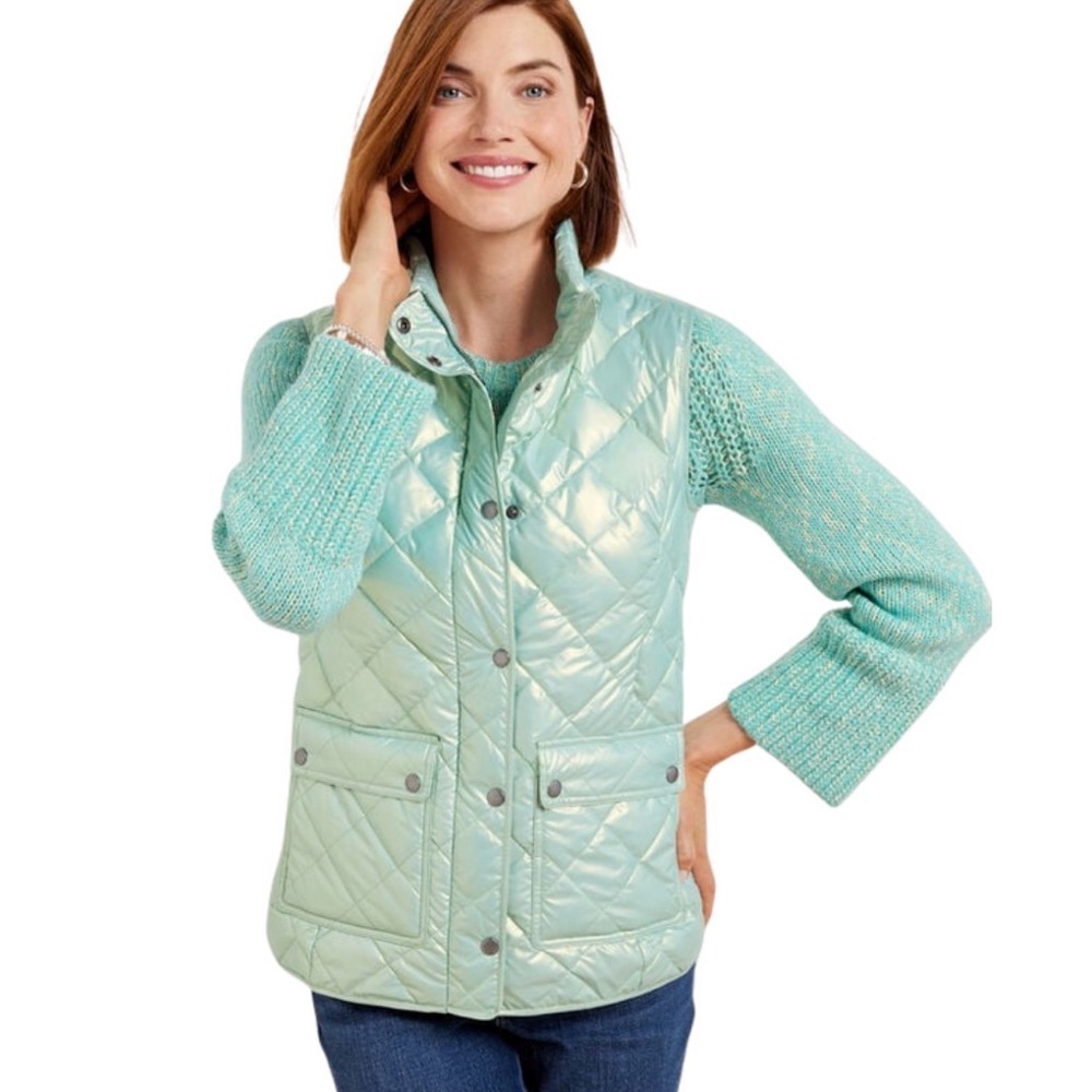 Talbots QUILTED DOWN PUFFER VEST in Pearlized Snowbound Blue, SZ L NWOT